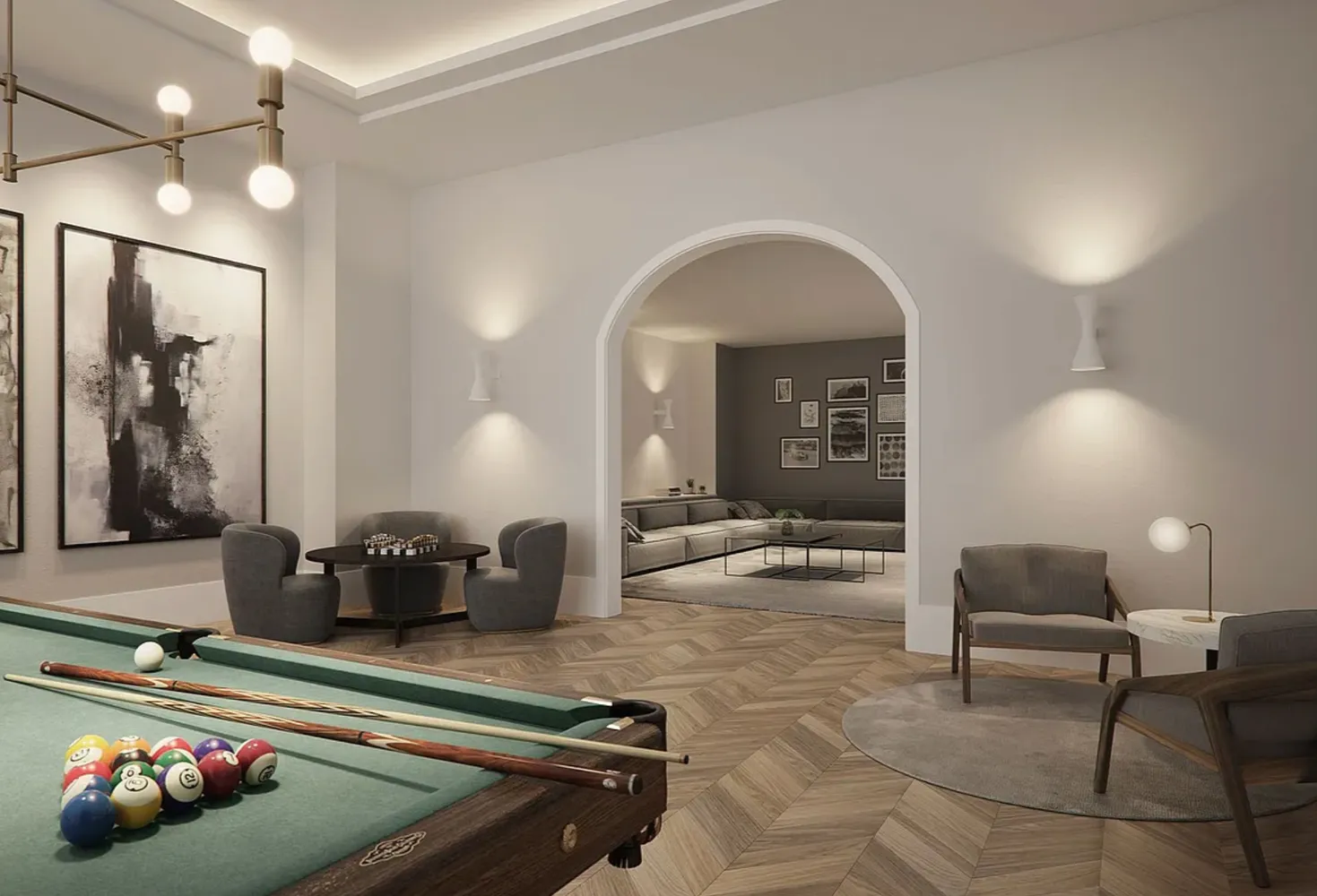 a lobby with furniture and view of living room