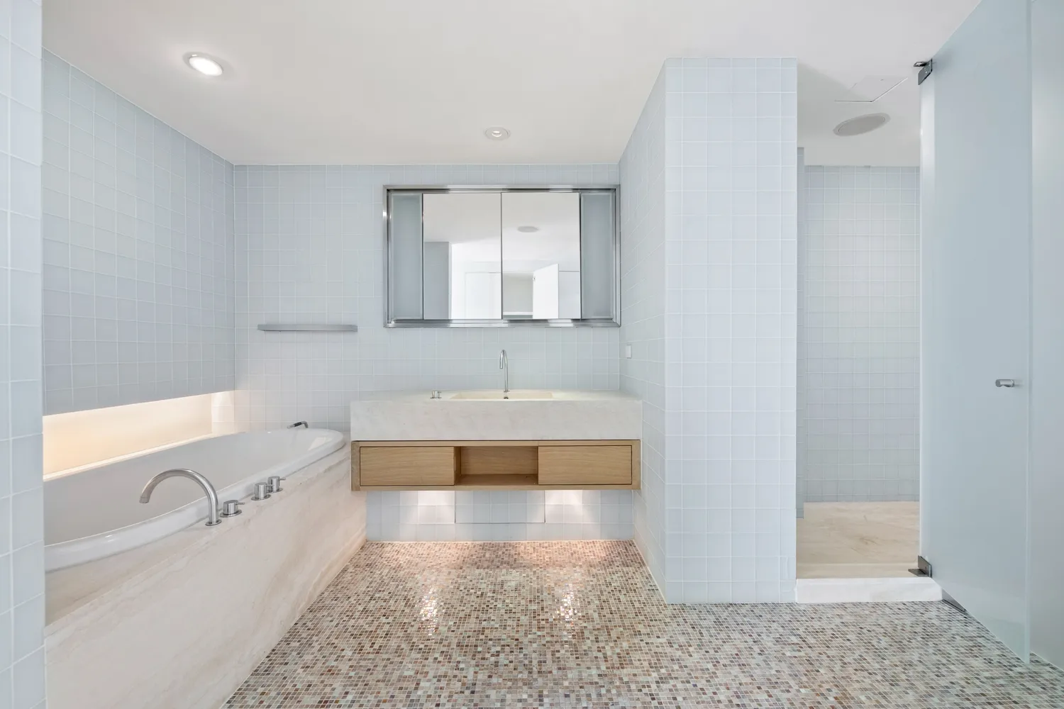 a bathroom with a bathtub and a shower