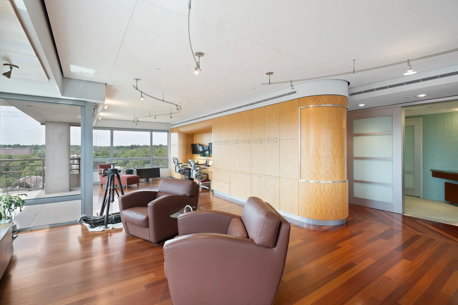 a view of city and roof deck