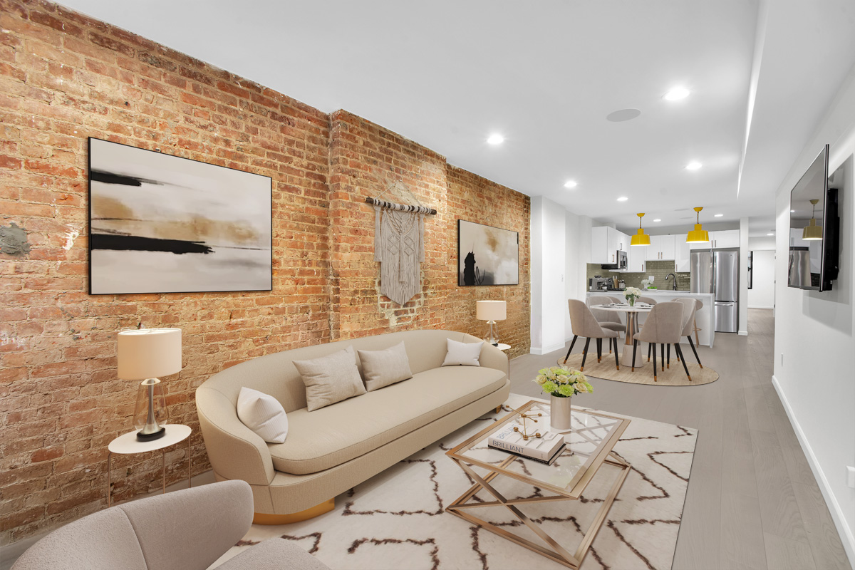 208 West 122nd Street Manhattan, NY 10027 - Photo 16 of 22 a living room with furniture and kitchen view