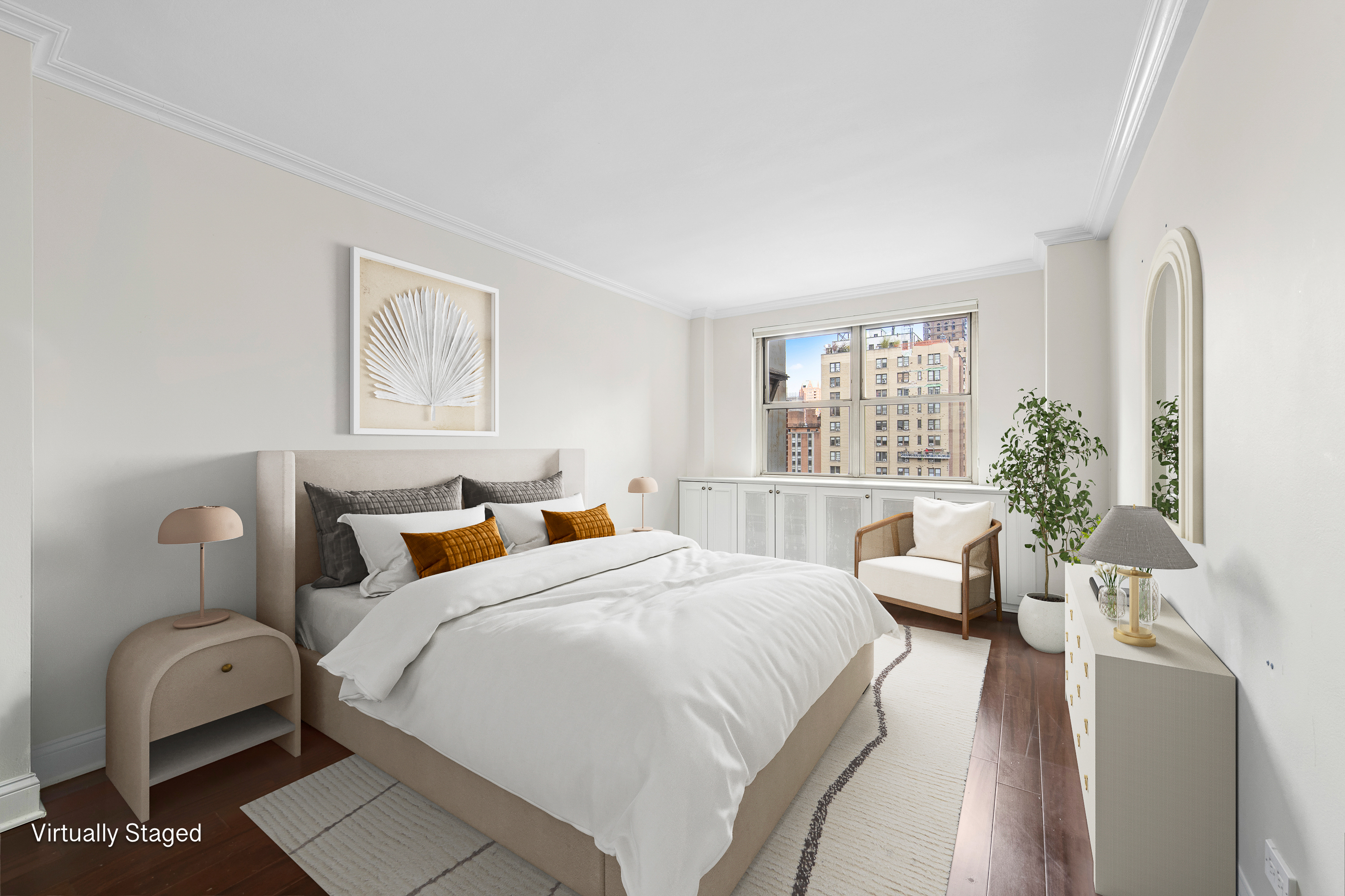 233 East 70th Street, Unit 11P Manhattan, NY 10021 - Photo 6 of 15 a bedroom with a bed a couch and a large window