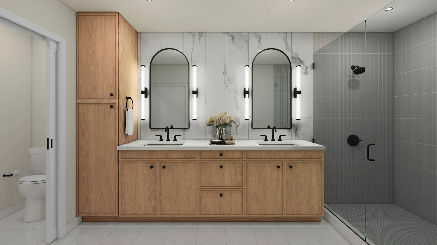 a bathroom with a double vanity sink mirror and toilet