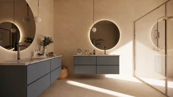 a bathroom with a double vanity sink and mirror