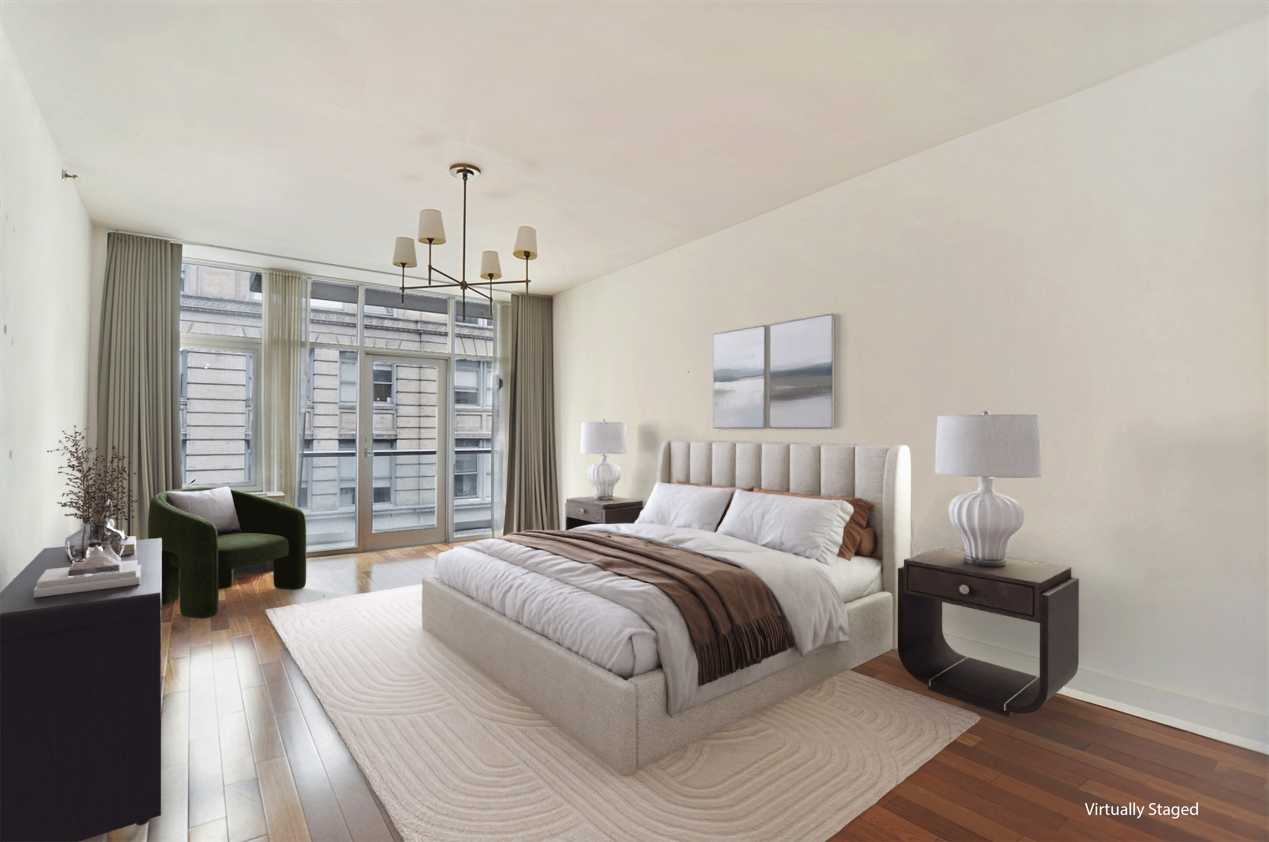 300 Spring Street, Unit 3B Manhattan, NY 10013 - Photo 2 of 4 a spacious bedroom with a bed a couch and a potted plant on the dresser
