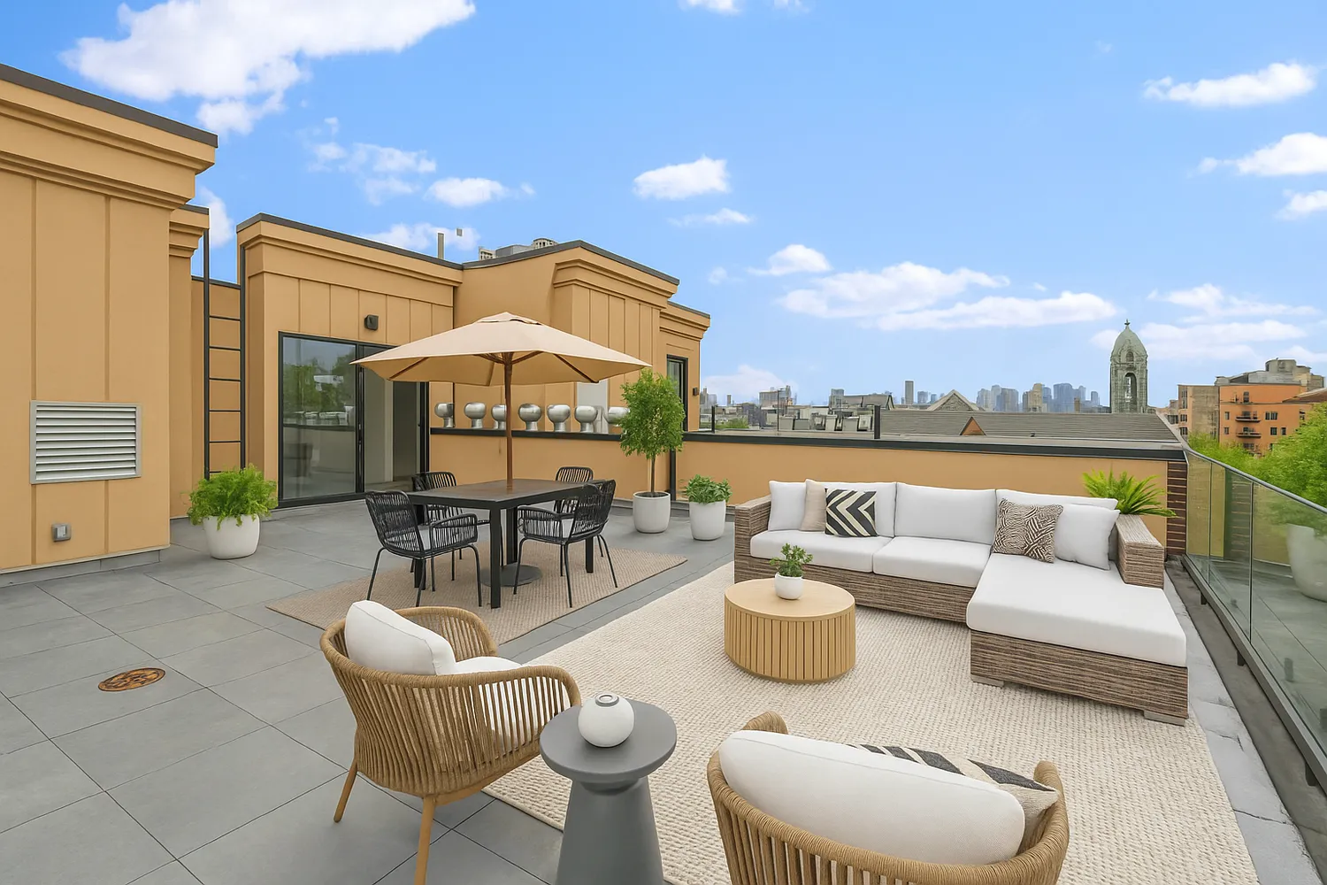 a roof deck with couches and potted plants