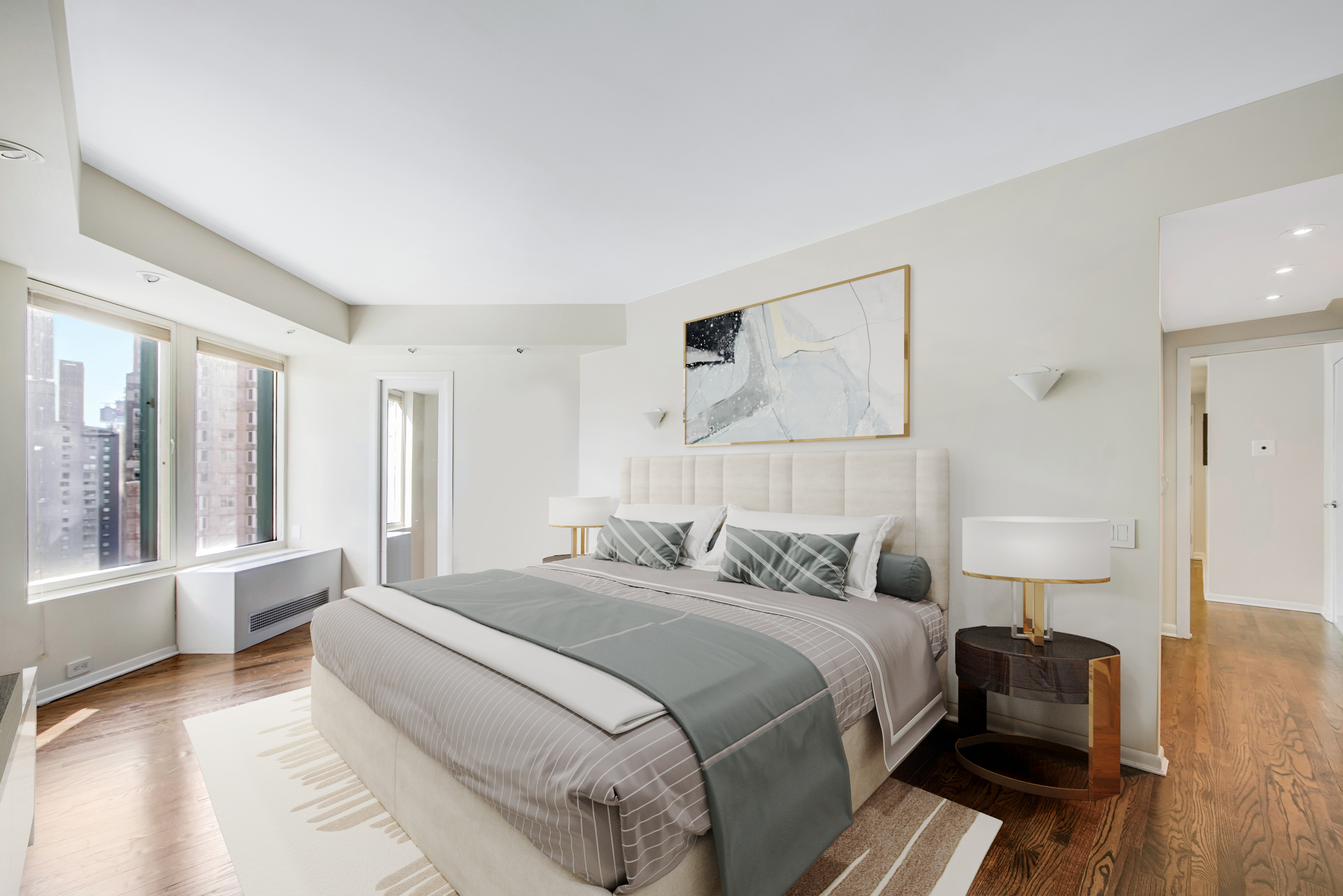 150 West 56th Street, Unit 3812 Manhattan, NY 10019 - Photo 6 of 14 a bedroom with a bed and a large window