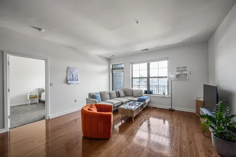 a living room with furniture and a potted plant
