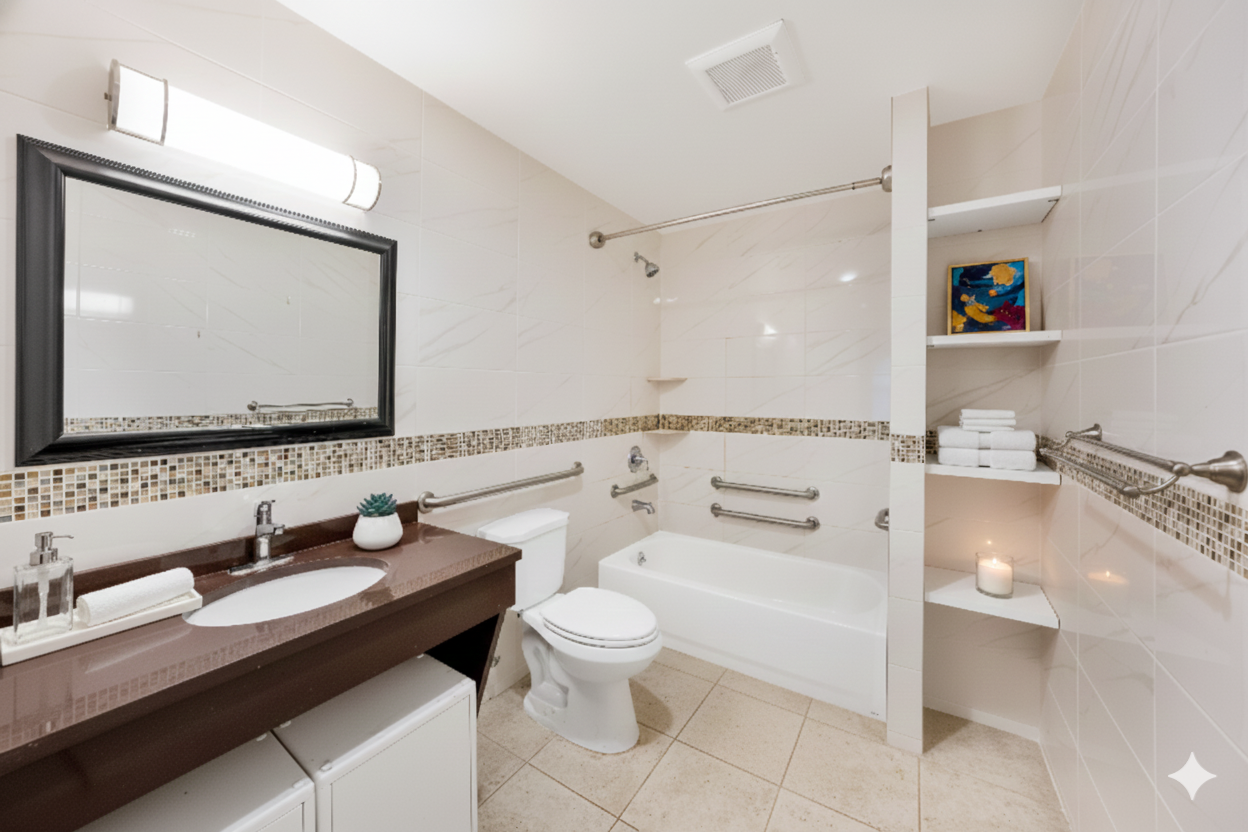 234 West 148th Street, Unit 5D Manhattan, NY 10039 - Photo 7 of 16 a bathroom with a granite countertop sink a toilet a mirror and bathtub