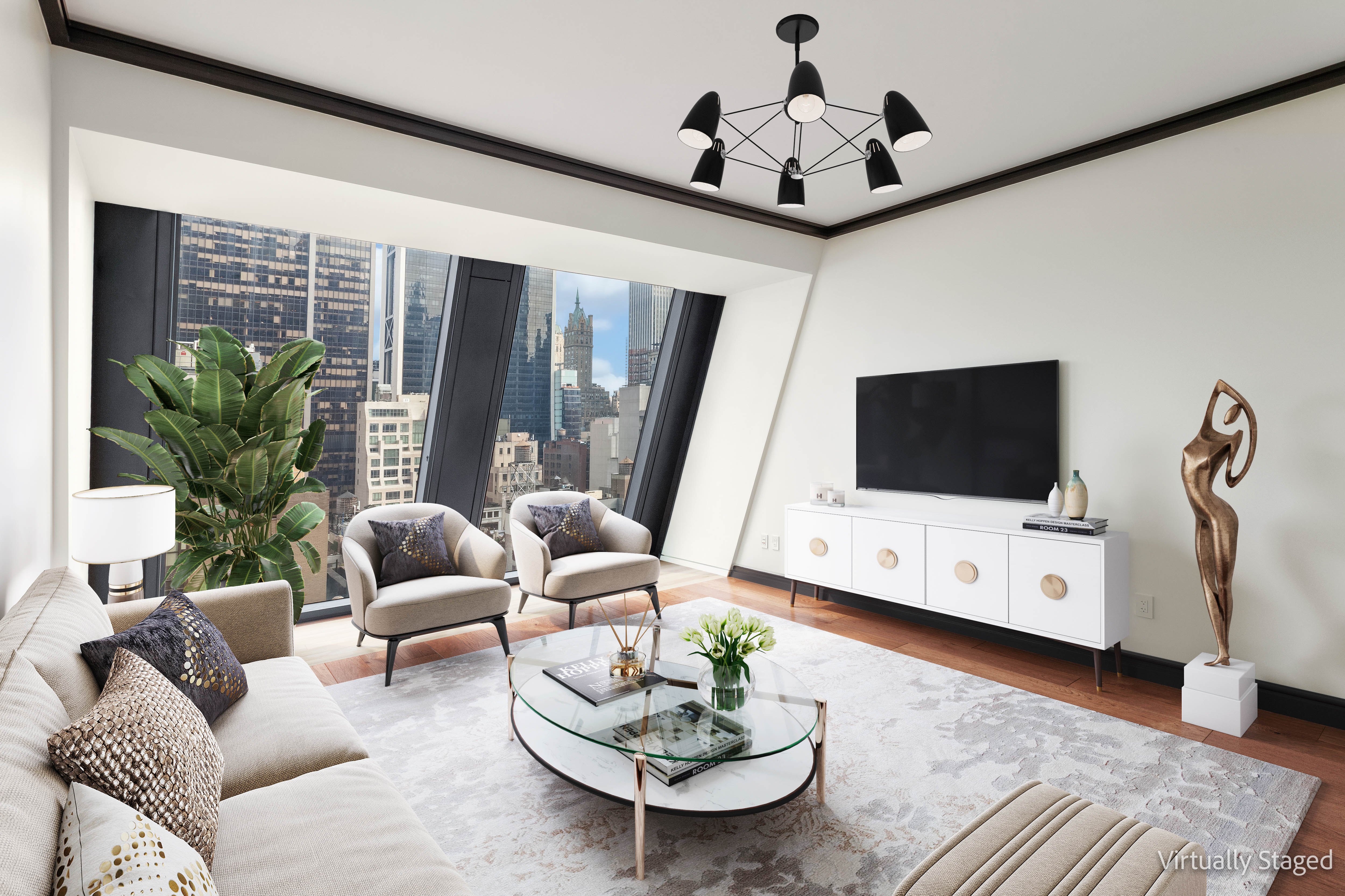 53 West 53rd Street, Unit 16C Manhattan, NY 10019 - Photo 2 of 12 a living room with furniture a flat screen tv and a large window