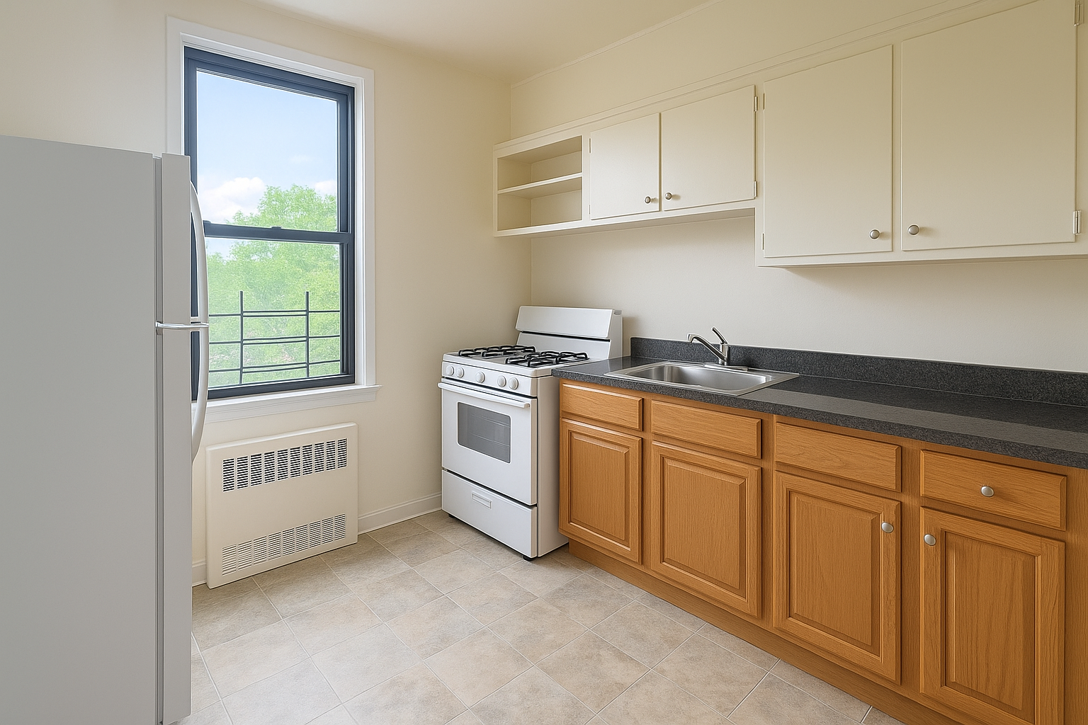 a kitchen with white cabinets and white appliances