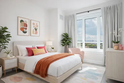 a bedroom with bed and a large window