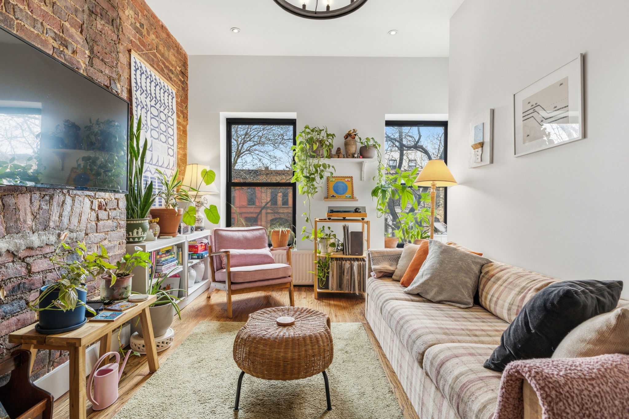 a living room with furniture and a potted plant