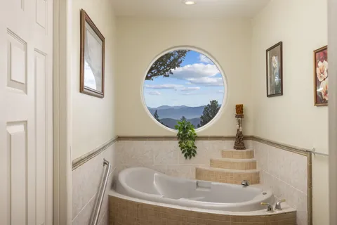 a view of a patio with a mountain