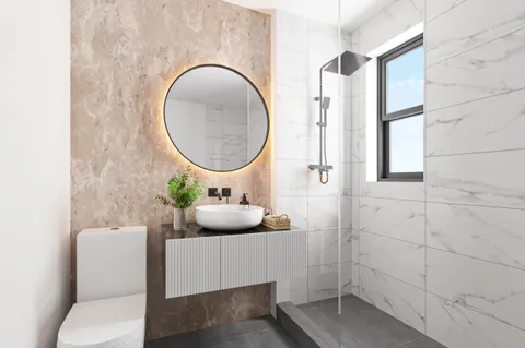 a bathroom with a toilet sink and mirror