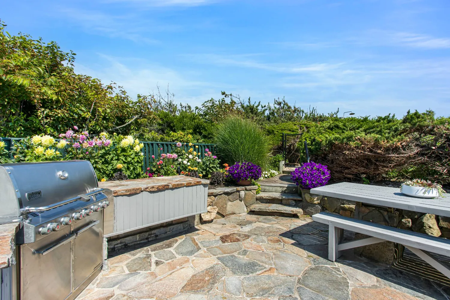 an outdoor space with sitting space