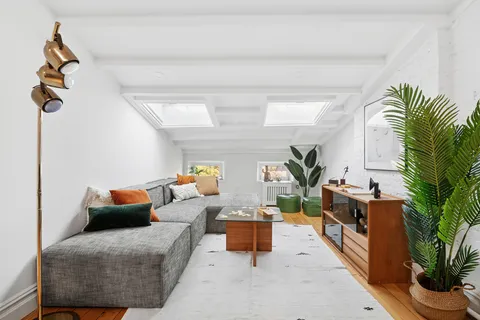 a living room with furniture plant and a potted plant