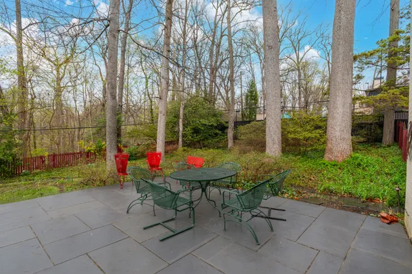 a backyard of a house with table and chairs