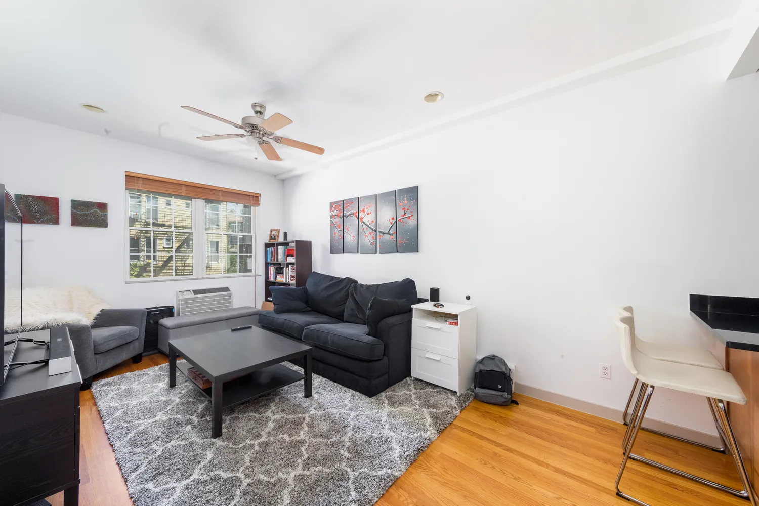 a living room with furniture a rug and a window