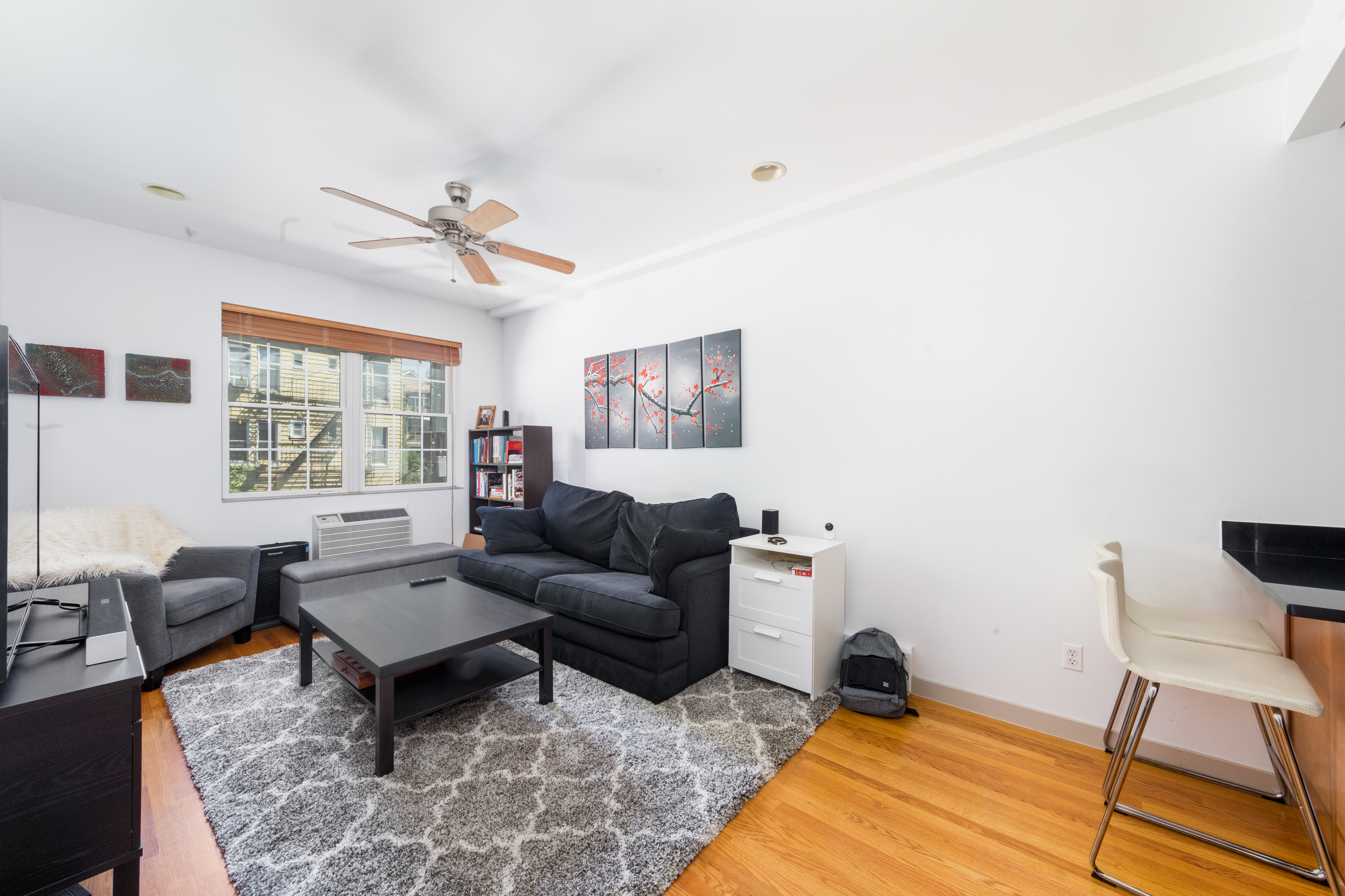 a living room with furniture a rug and a window