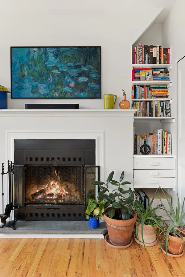 a living room with a fireplace and a potted plant