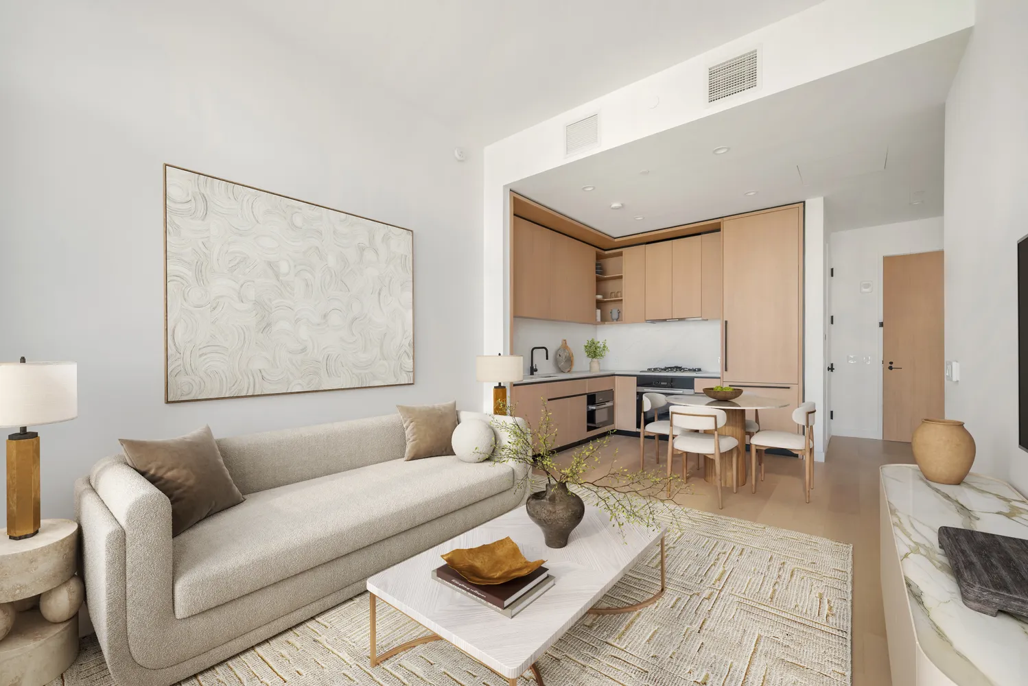 a living room with furniture a rug and a table