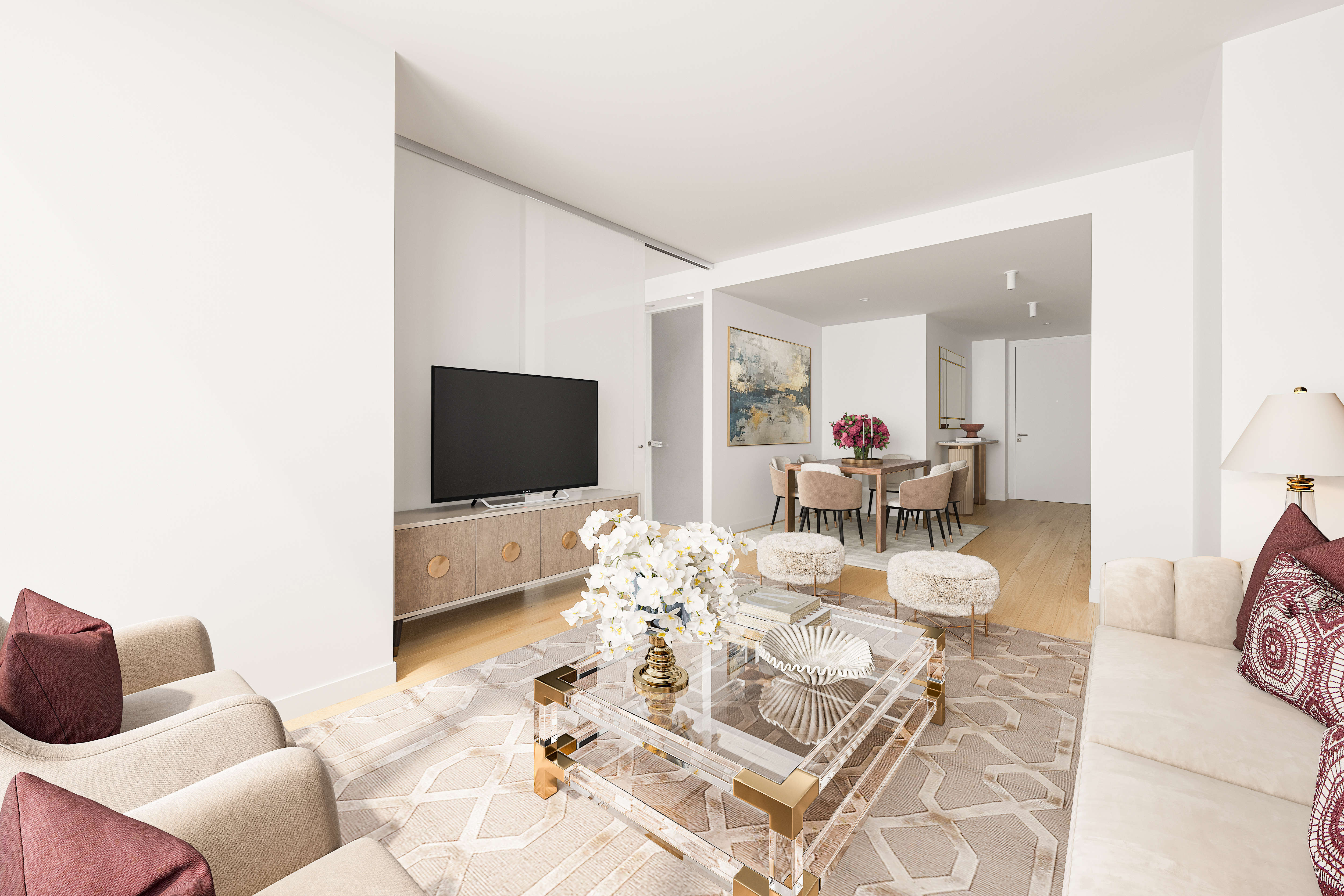 540 West 49th Street, Unit 506S Manhattan, NY 10019 - Photo 3 of 9 a living room with furniture and a flat screen tv