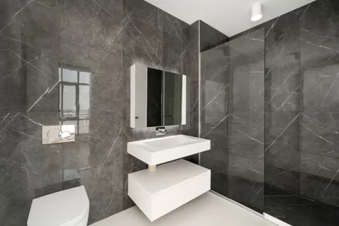 a bathroom with a sink mirror and toilet