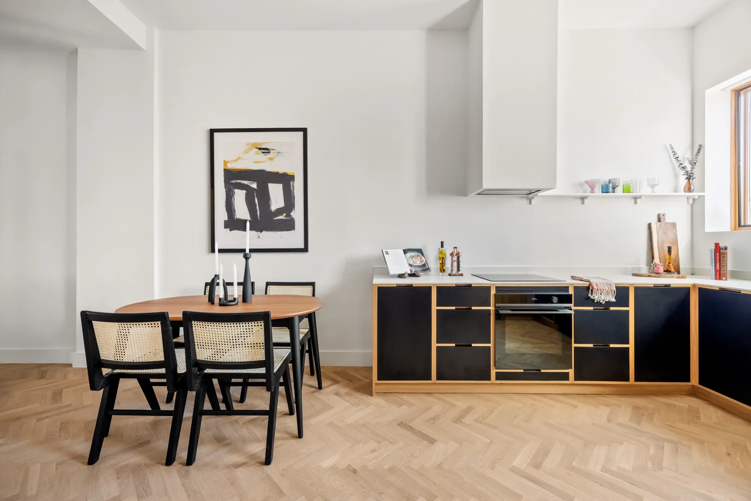 a view of a dining room with furniture