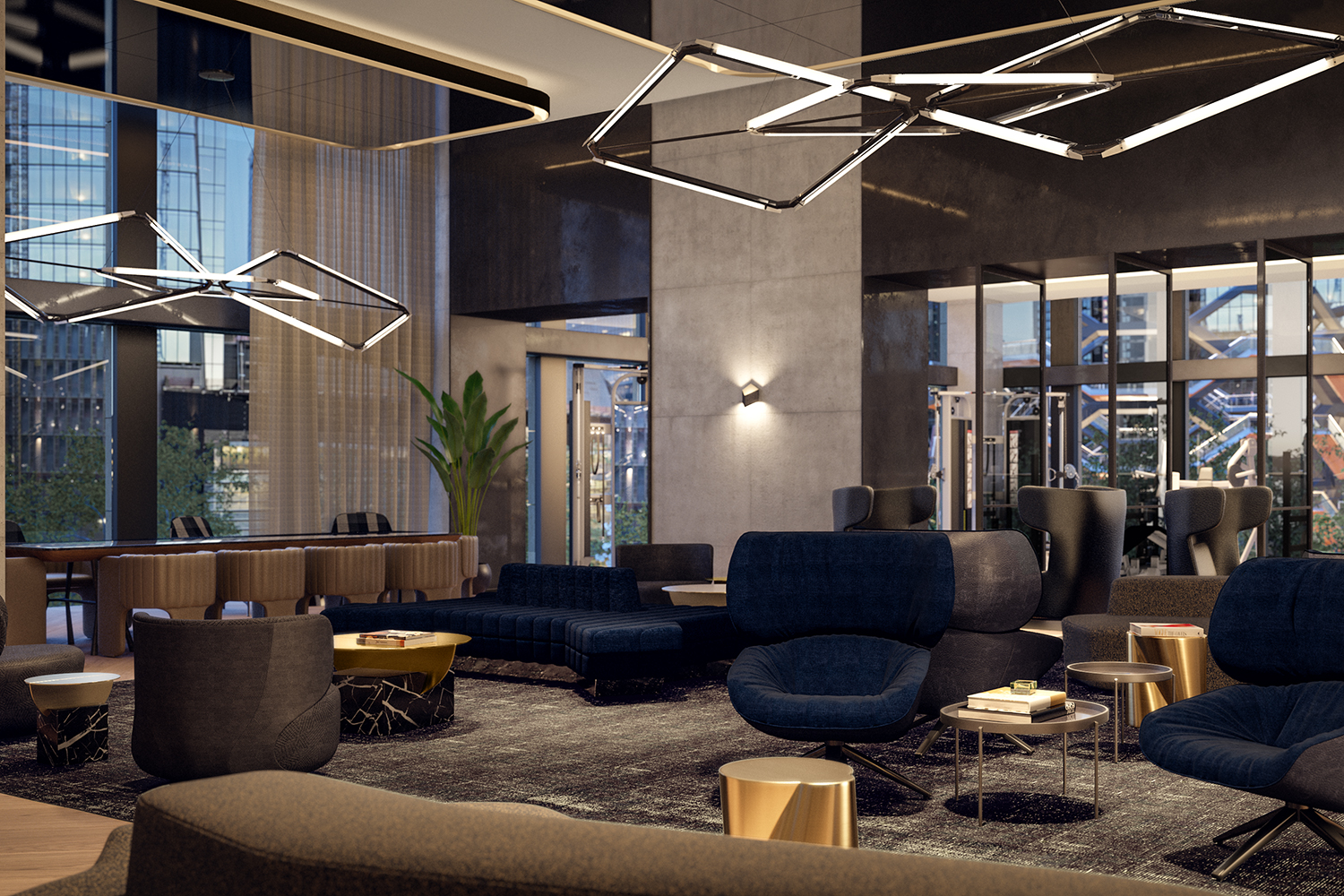 35 Hudson Yards, Unit 6201 Manhattan, NY 10001 - Photo 25 of 32 a living room with furniture and a ceiling fan