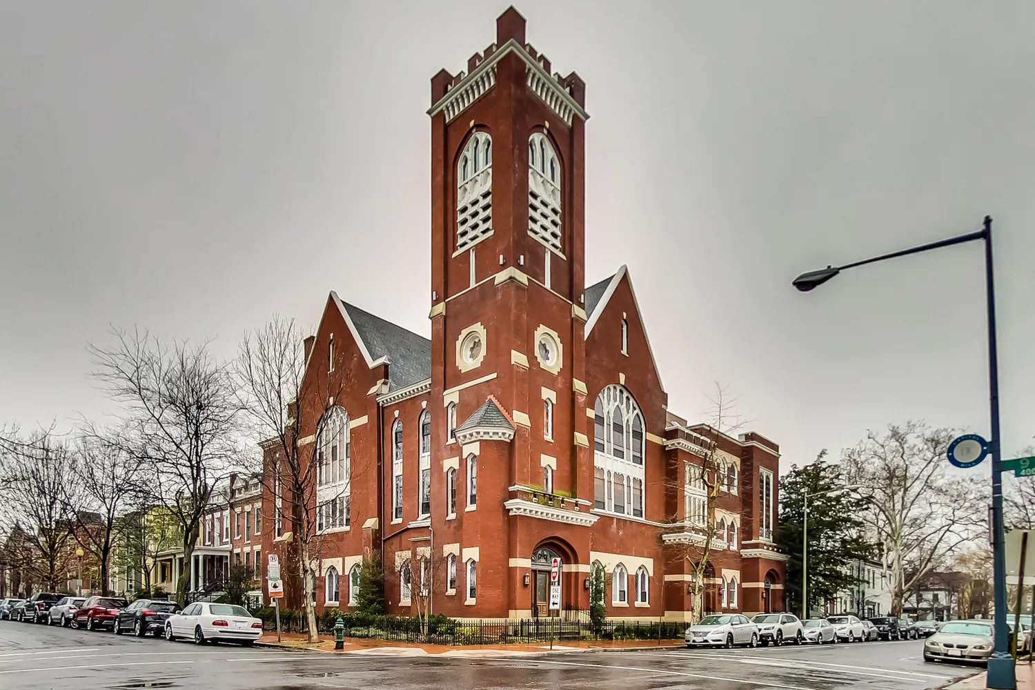 a view of a building and a street