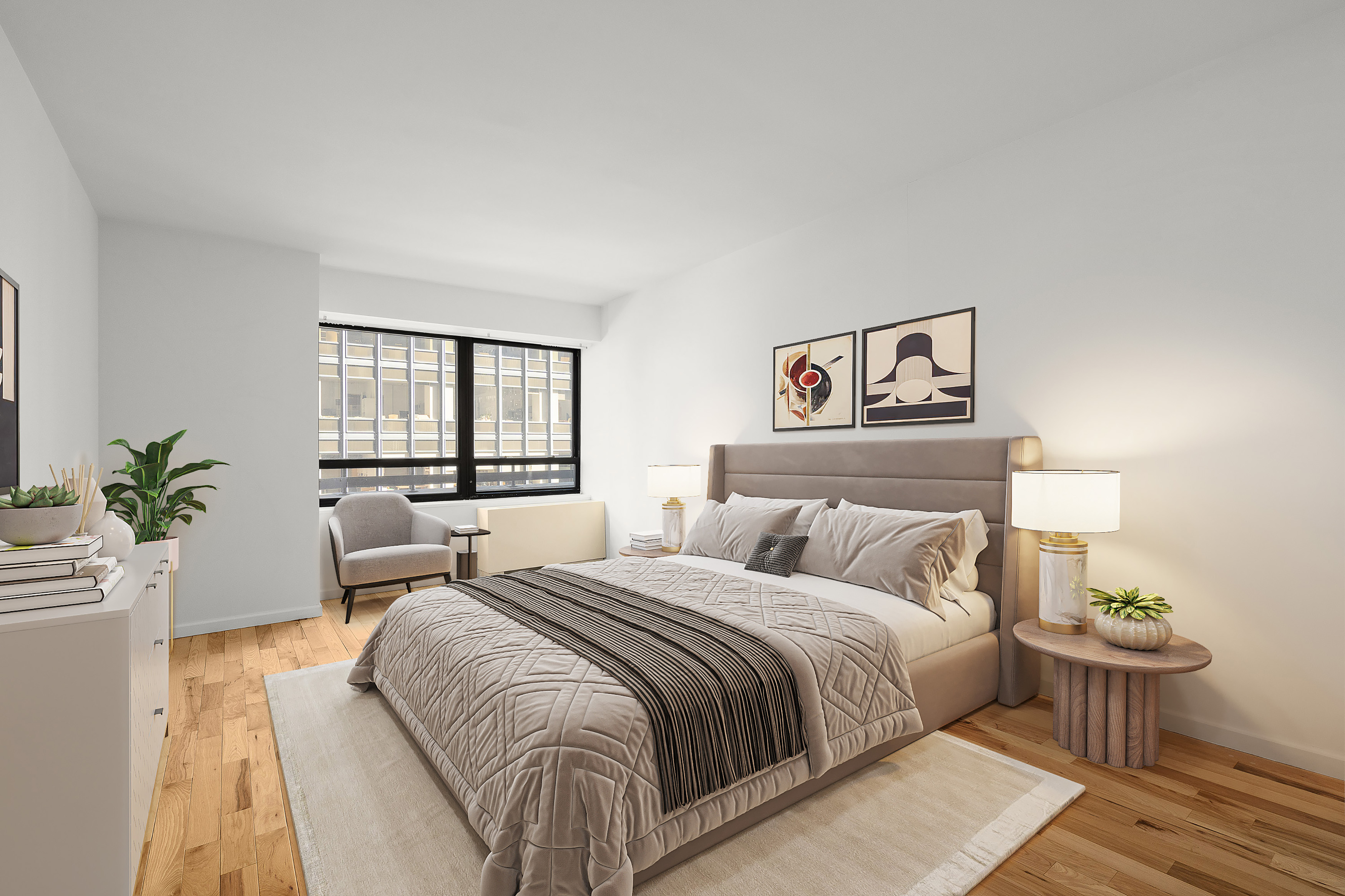 240 East 47th Street, Unit 4B Manhattan, NY 10017 - Photo 7 of 25 a bedroom with a large bed and a potted plant