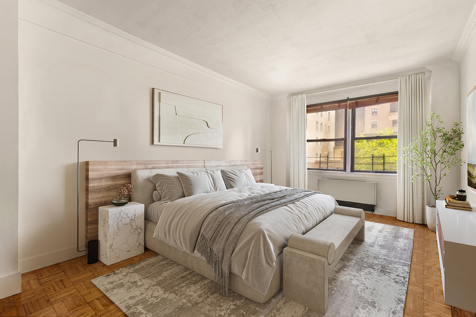 240 East 46th Street, Unit 7G Manhattan, NY 10017 - Photo 8 of 14 a bedroom with double bed and a window