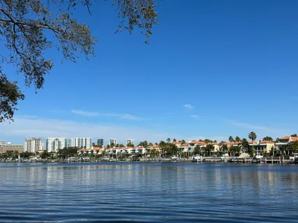 a view of a lake with boats and trees in the background