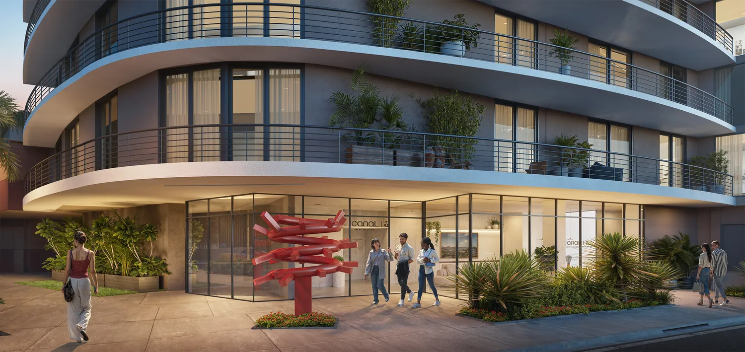 a front view of a building with glass windows