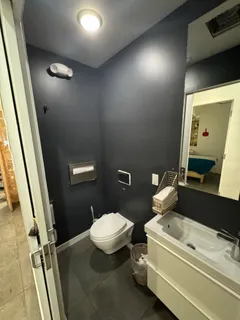 a bathroom with a sink a toilet a mirror and vanity