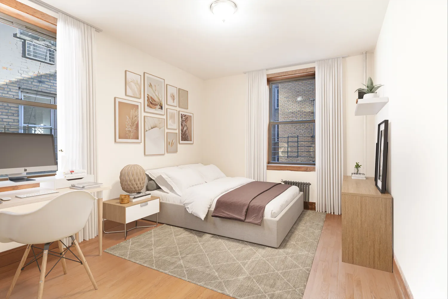 a bedroom with a bed a table and chair