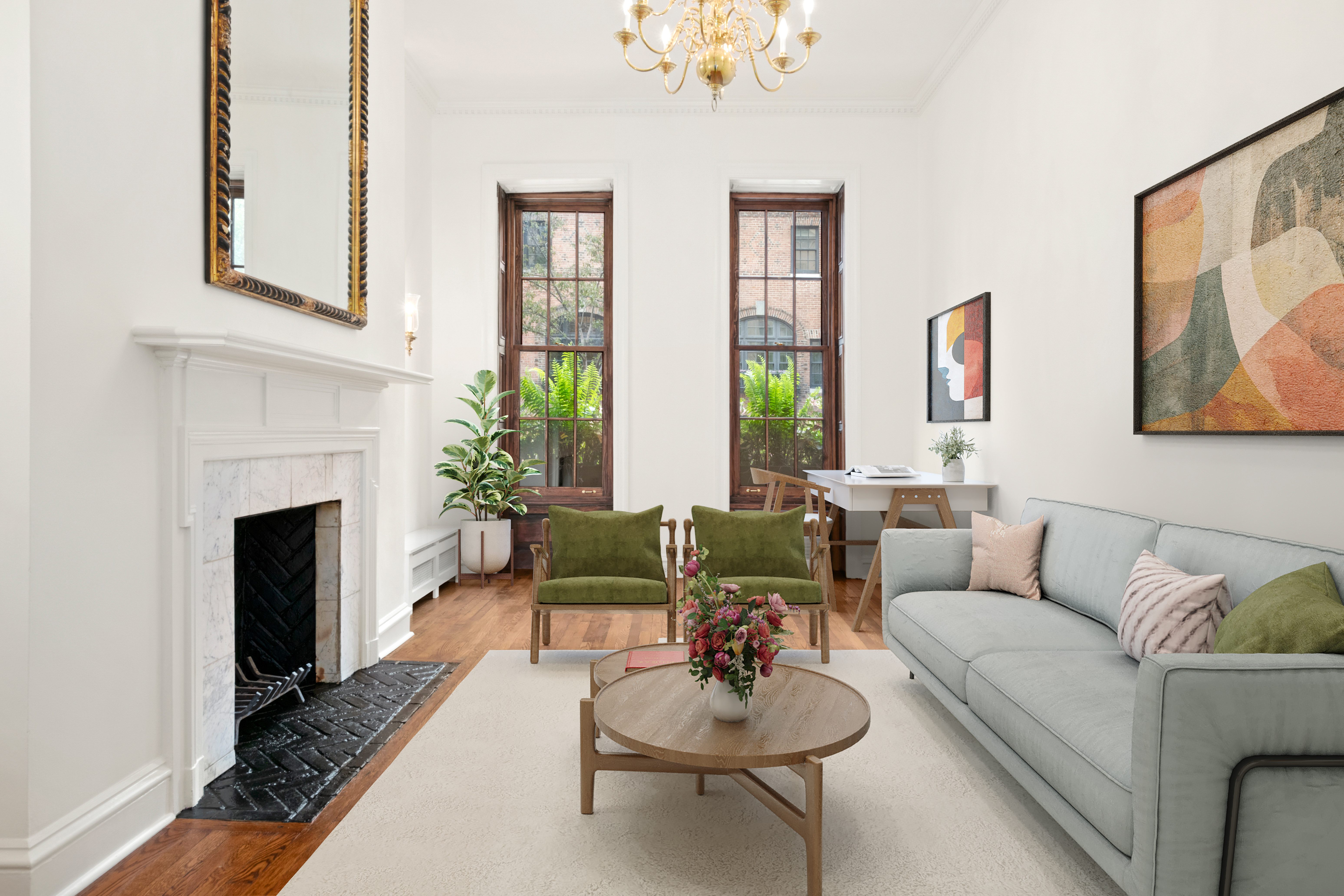 a living room with furniture and a fireplace