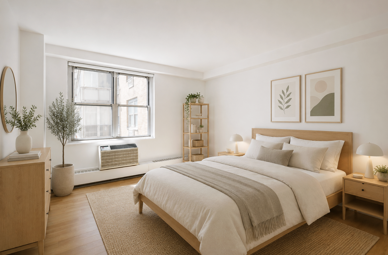 303 West 66th Street, Unit 15DE Manhattan, NY 10023 - Photo 2 of 9 a bedroom with a large bed couch and windows