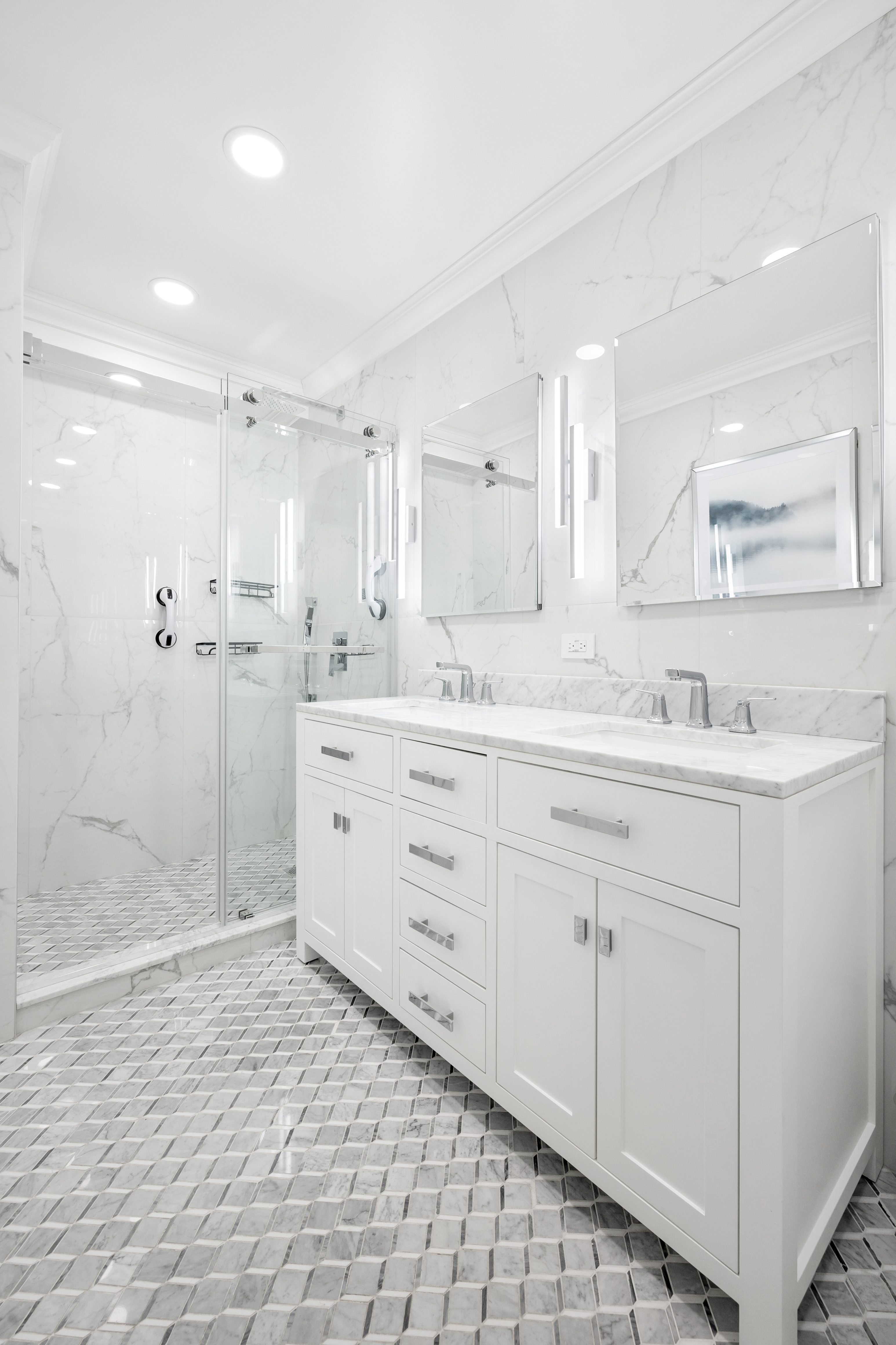 3755 Henry Hudson Parkway West, Unit PHA Bronx, NY 10463 - Photo 8 of 14 a spacious bathroom with a granite countertop sink mirror and shower