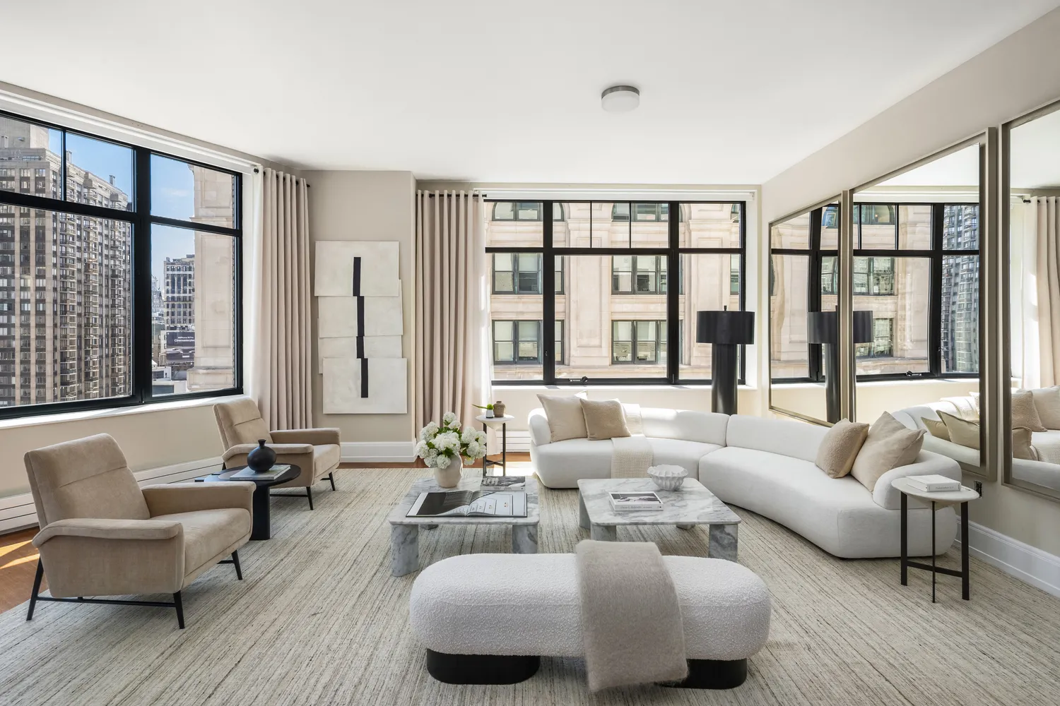 a living room with furniture and a large window with outer view