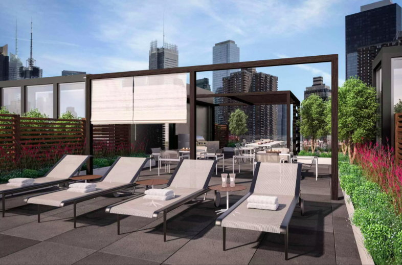 540 West 49th Street, Unit 401S Manhattan, NY 10019 - Photo 12 of 14 a view of a patio with a dining table and chairs with wooden floor
