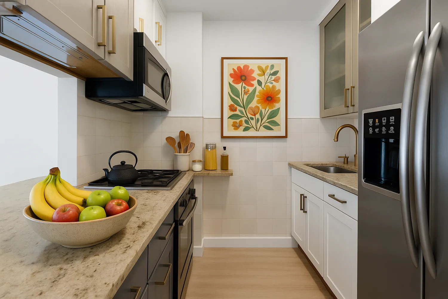 a kitchen with stainless steel appliances granite countertop a sink a stove and wooden cabinets
