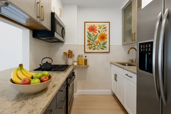 a kitchen with stainless steel appliances granite countertop a sink a stove and wooden cabinets