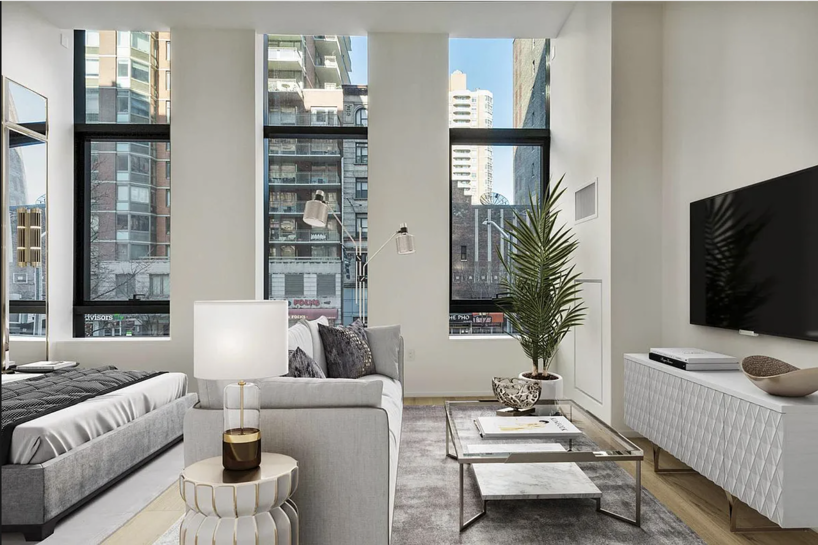 121 East 22nd Street, Unit N203 Manhattan, NY 10010 - Photo 2 of 10 a living room with furniture and a flat screen tv