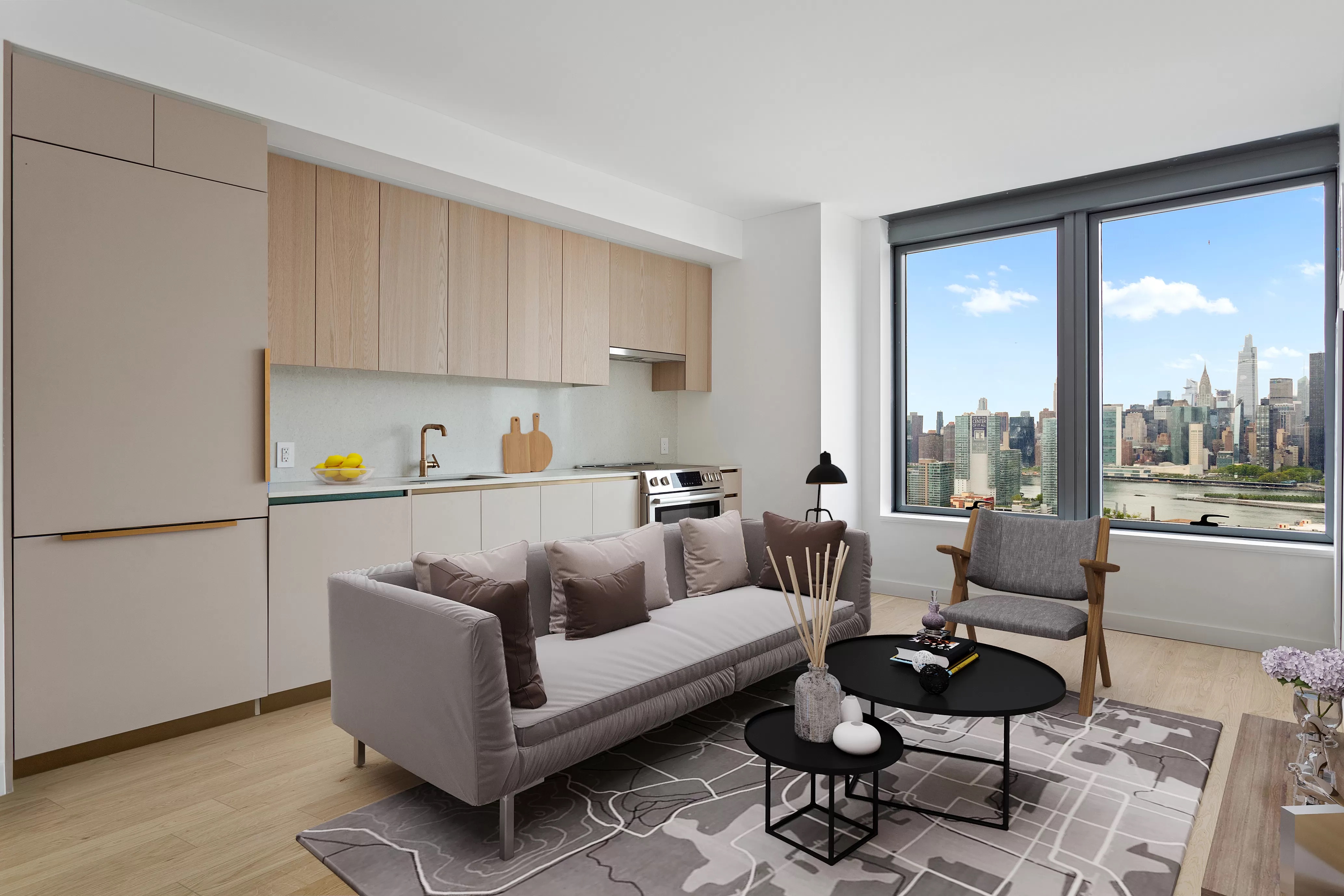 3 Court Square, Unit 3312 Queens, NY 11101 - Photo 3 of 14 a living room with furniture and a large window with kitchen view