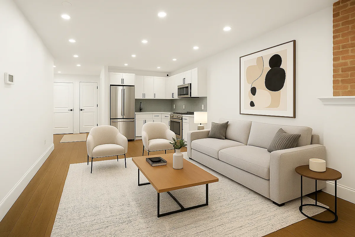 a living room with furniture and a painting