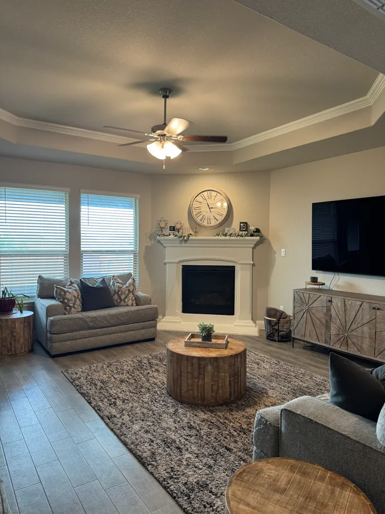a living room with furniture and a fireplace