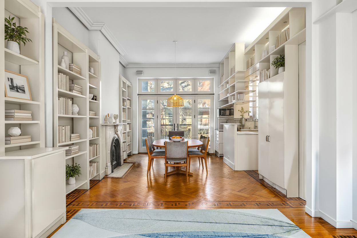 a dining room with furniture water view and large windows
