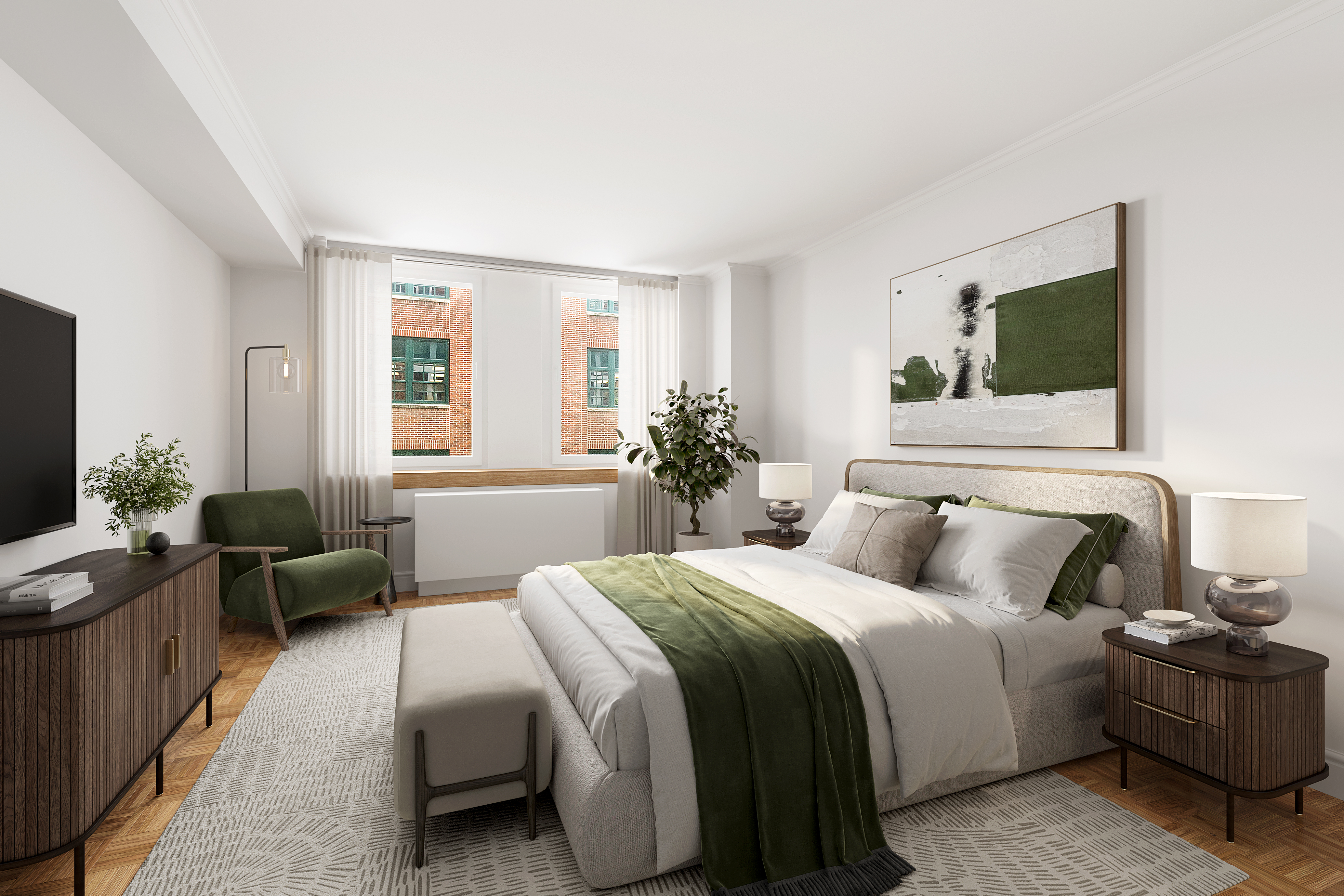 404 East 76th Street, Unit 4H Manhattan, NY 10021 - Photo 6 of 10 a bedroom with a bed and a flat screen tv