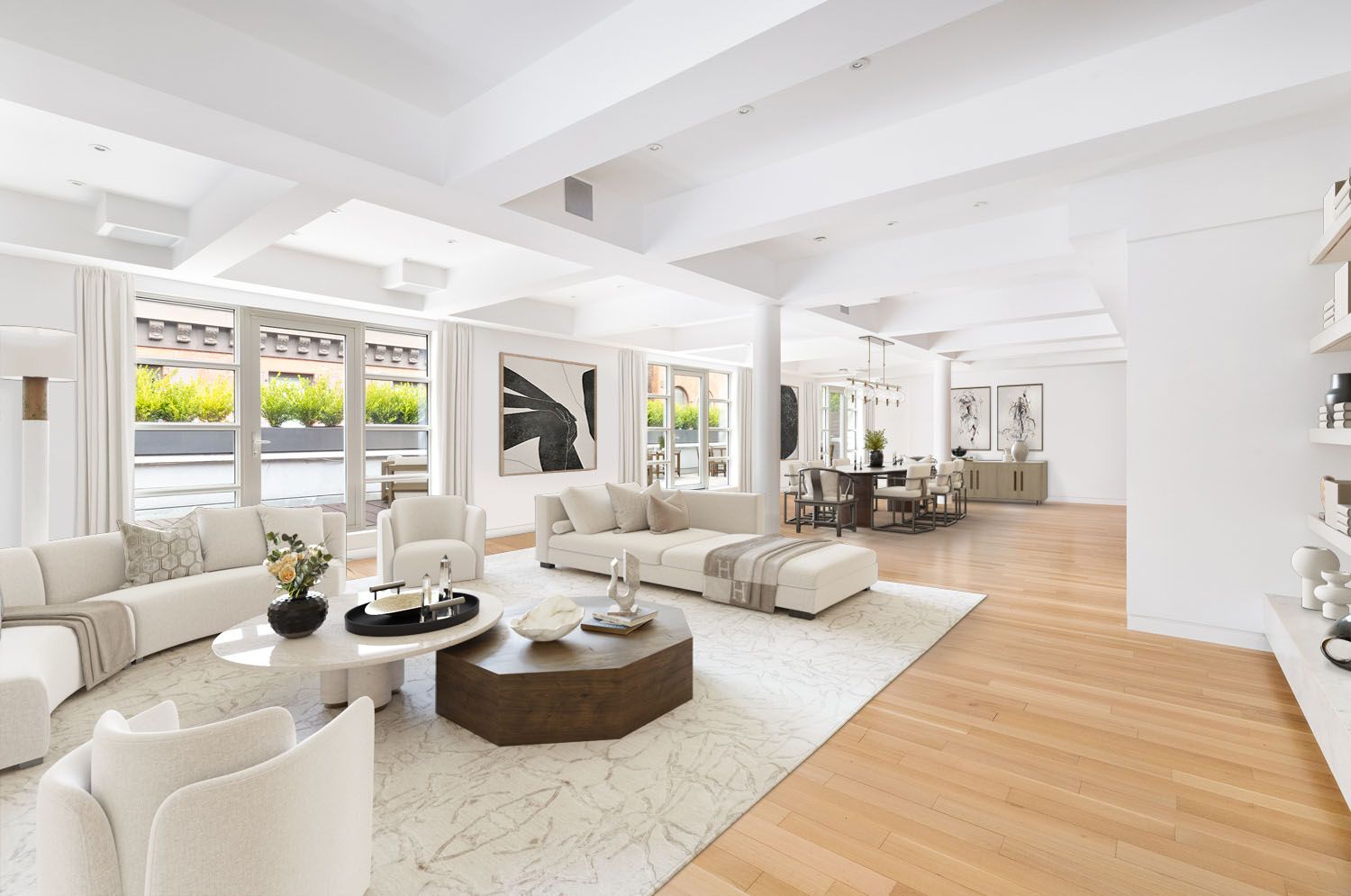 a living room with furniture and a table